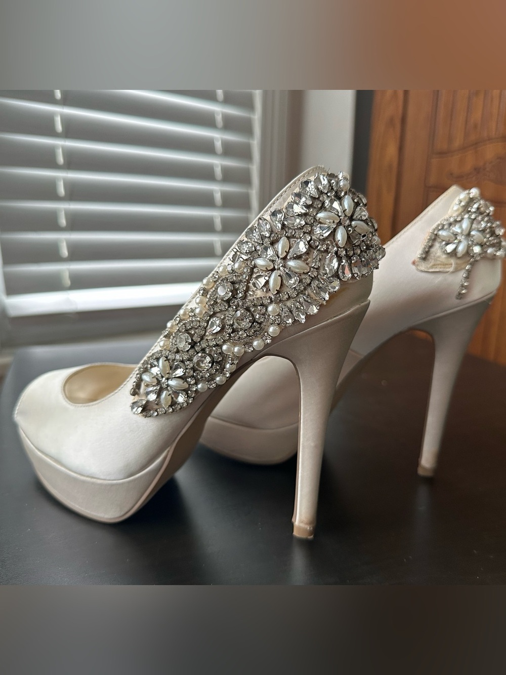 Paradox London Pink Satin Ivory Peep-Toe Platform Heels with Crystal Trim